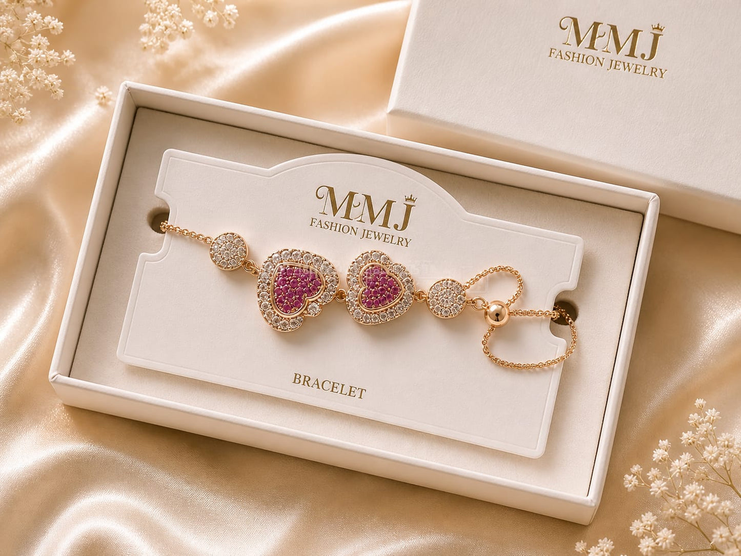 Luxury Double Heart Crystal Bracelet – Gold Plated Adjustable Bracelet for Women